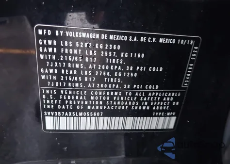 2020 Volkswagen Tiguan 2.0T Se/2.0T Se R-Line Black/2.0T Sel from USA, damaged, VIN 3VV3B7AX5LM055607
